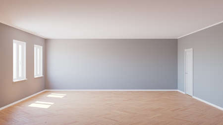 Beautiful Empty Interior with Parquet Floor and White Door Lit by the Sun, 3d illustrationの写真素材