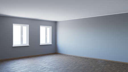 8K Ultra HD Empty Interior Corner with Parquet Floor, Two White Plastic Windows, and Wooden Plinth with Work Path on Windowsの写真素材