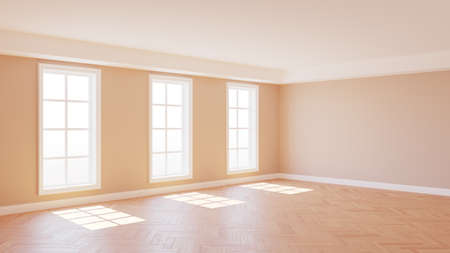 Interior Corner with Beige Walls, Parquet Floor, Three Large White Windows and a White Plinth, illuminated by the Sun with Work Path on Windows. 3d render.の写真素材