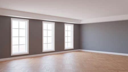 8K Ultra HD Interior Corner with Gray Walls, Parquet Floor, Three Large White Windows and a White Plinth with Work Path on Windows. 3d render, 7680x4320の写真素材
