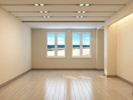 Empty Beige Interior with a Sea View, Cornince light on the Right against the Wall, Light Parquet and Skirting Boards with Work Path on Windows. 3D rendering, 7680x5760の写真素材