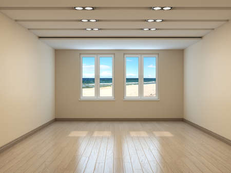 Empty Beige Interior with a Sea View, Two windows, Light Parquet and Plinth with Work Path on Windows.の写真素材