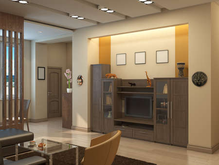 Modern Living Room with Beige Walls, Brown Bookcase with TV, Brown Carpet, Glass Table, Leather Armchair, Ð¡hair and Wooden Lattice in Front of the Window, Light Parquet Floor. 3D Illustrationの写真素材