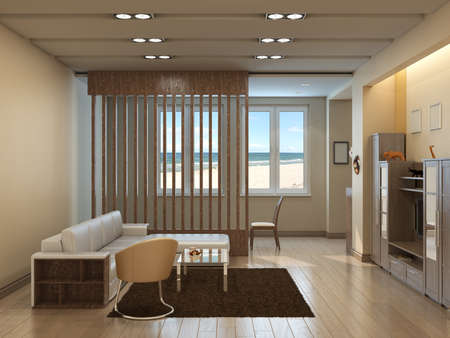 Modern Living Room with Sea View, with Beige Walls, Brown Carpet, Glass Table, Leather Armchair, Ð¡hair and Wooden Lattice in Front of the Window, Light Parquet Floor. 3D Illustrationの写真素材