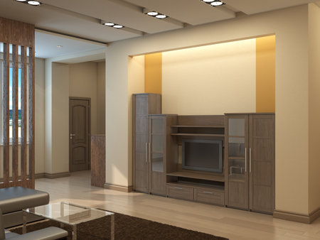 Modern Living Room with Beige Walls, Brown Bookcase with TV, Brown Carpet, Glass Table and Wooden Lattice in Front of the Window, Light Parquet Floor. 3D renderingの写真素材