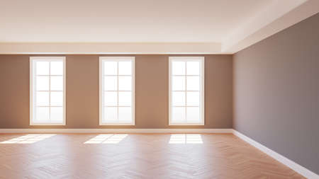 Beautiful Empty Interior with Gray Walls, Three Large Windows, Light Parquet Floor and a White Plinth, illuminated by the Sun with Work Path on Windows. 3D renderingの写真素材
