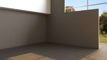 Modern Empty Interior Corner with Brown Walls, Brown Tiles on the Floor and a Large Floor to Ceiling Window with a View of the Summer Garden. 8K Ultra HD 3D Rendering with Work Path on Windowの写真素材