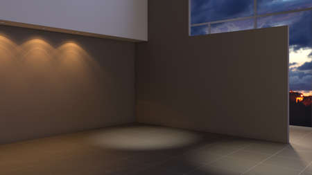 Modern Empty Interior Corner with Brown Walls, Brown Tiles on the Floor, Spotlights and a Large Floor to Ceiling Window. Ultra HD 8K, 3D Rendering with Work Path on Windowの写真素材