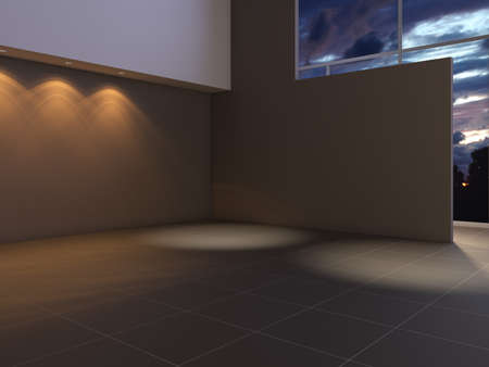 Modern Empty Interior with Brown Walls, Brown Tiles on the Floor, Spotlights and a Large Floor to Ceiling Window. 3D Rendering with Work Path on Window.の写真素材