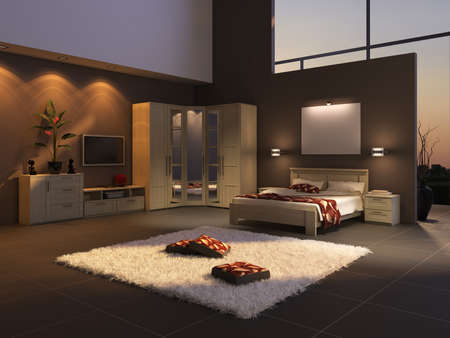 Modern Bedroom Interior with White Carpet in Front of the Bed, Bedside Tables, Wardrobe, TV, Brown Walls, Brown Tiles, Spotlights and a Large Window. 3D Illustration with Work Path on Windowの写真素材