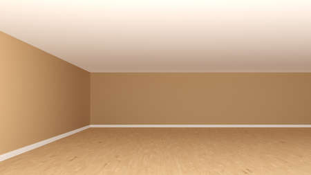 Empty Room with Light Brown Walls, Wooden Parquet Floor and White Plinth. 3d illustration, 8K Ultra HD, 7680x4320の写真素材