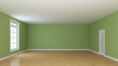 Empty Room Interior Concept with a White Window and a White Door. Light Parquet, Green Walls and a White Plinth. Perspective View. High Quality 3D Rendering with a Work Path on Window. 8K Ultra HDの写真素材