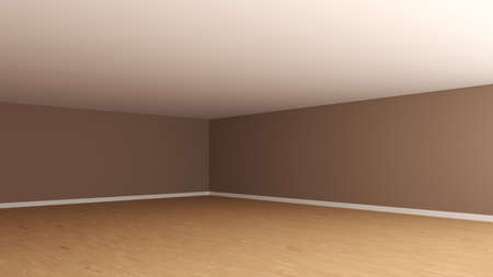 Empty Interior Corner with Brown Stucco Walls, White Ceiling, Light Parquet Floor and a White Plinth. Unfurnished Empty Room. perspective view. 3d renderingの写真素材