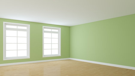 Empty Room Corner with Light Green Walls, Two White Windows, Light Glossy Parquet Floor and a White Plinth. perspective view. 3d render with a Work Path on the Windows.の写真素材