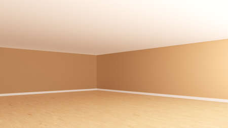 Empty Room Corner with Beige Walls, White Ceiling, Light Parquet Floor and a White Plinth. Unfurnished Empty Interior. perspective view. 3d illustrationの写真素材