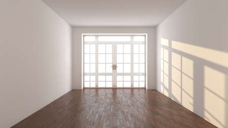 Frontal View of the Empty Sunny Interior Concept. White Room with Large Window and a Door with Bronze Handles, Dark Parquet Floor and White Stucco Walls. 3D rendering, 8K Ultra HD, 7680x5121, 300 dpiの写真素材