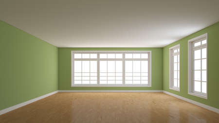 Unfurnished Room with Green Walls, Parquet Floor, White Plinth, Large Full Wall Window on the Center and Two Windows on the Right. 3D render with a Work Path on the Windows. 8K Ultra HD 7680x4320の写真素材
