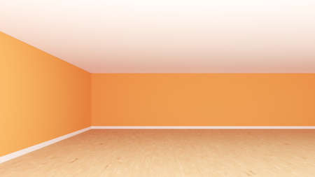 Orange Unfurnished Room, Frontal Corner View. Interior Concept with Light Orange Walls, White Ceiling, Wooden Parquet Flooring and a White Plinth. 3d illustration, 8K Ultra HD, 7680x4320, 300 dpiの写真素材