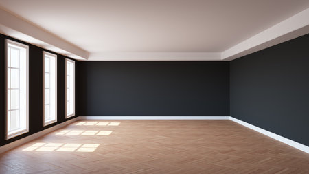 Beautiful Empty Sunlit Room with Black Walls, Three Large Windows, White Ceiling Cornice, Parquet Floor and a White Plinth. 3D rendering with a Work Path on the Windows. 8K Ultra HD, 7680x4320の写真素材