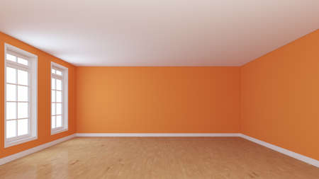 Beautiful Empty Room with Orange Walls, Two Windows, Light Parquet Flooring and a White Plinth. Perspective View. High Quality 3D illustration with a Work Path on the Windows. 8K Ultra HD, 7680x4320の写真素材