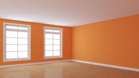 Empty Room Corner with Bright Orange Walls, Two Large Windows, Light Glossy Parquet Floor and a White Plinth. Perspective View. 3D rendering with a Work Path on the Windows. 8K Ultra HD, 7680x4320の写真素材