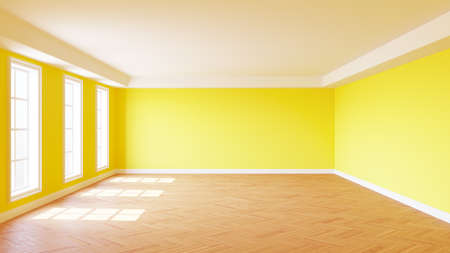 Unfurnished Empty Sunlit Interior with Yellow Walls, Three Large Windows, White Ceiling Cornice, Parquet Floor and a White Plinth. 3D rendering with a Work Path on the Windows.の写真素材