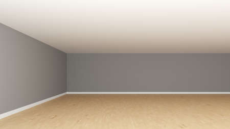 Interior Concept with a Light Gray Walls, White Ceiling, Wooden Parquet Floor and a White Plinth. Unfurnished Empty Corner of the Room, Frontal View. 3d illustration, 8K Ultra HD, 7680x4320, 300 dpiの写真素材