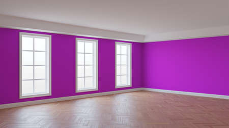 Interior Corner with Pink Walls, Glossy Herringbone Parquet Flooring, Three Large Windows and a White Plinth. Beautiful Room Concept. 3d renderingの写真素材