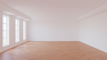 Empty Interior with White Walls, Ceiling and Cornice, Three Large Windows, Glossy Herringbone Parquet Floor and a White Plinth. Empty Room. Beautiful Interior Concept, 3D illustration.の写真素材
