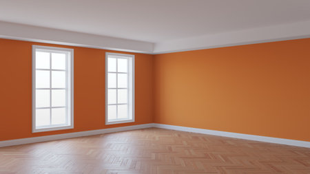 Orange Interior with a White Ceiling and Cornice, Glossy Herringbone Parquet Floor, Two Large Windows and a White Plinth. Unfurnished Room Concept. 3D illustration. 8K Ultra HD, 7680x4320, 300dpiの写真素材