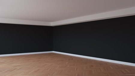 Corner of the Black Interior with a White Ceiling and Cornice, Glossy Herringbone Parquet Floor, and a White Plinth. Unfurnished Room Concept. 3D renderingの写真素材