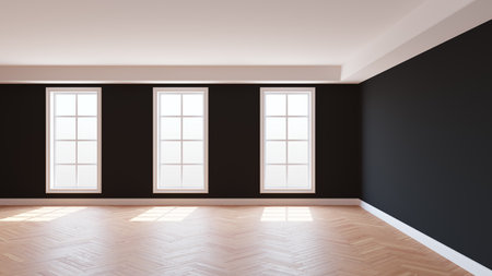 Beautiful Black Room with a White Ceiling and Cornice, Glossy Herringbone Parquet Floor, Three Large Windows and a White Plinth. Sunny Interior. 3D Renderingの写真素材