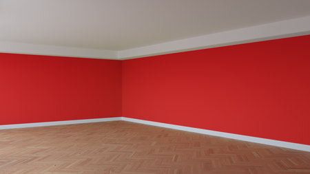 Corner of the Red Empty Interior with a White Ceiling and Cornice, Glossy Herringbone Parquet Floor, and a White Plinth. Unfurnished Room Concept. 3D Rendering, Ultra HD 8K, 7680x4320, 300 dpiの写真素材