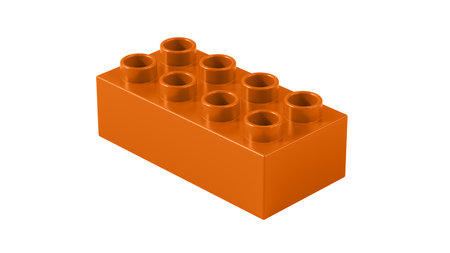 Burnt Orange Plastic Toy Block Isolated on a White Background. Children Toy Brick, Perspective View. Close Up View of a Game Block for Constructors. 3D Rendering.の写真素材