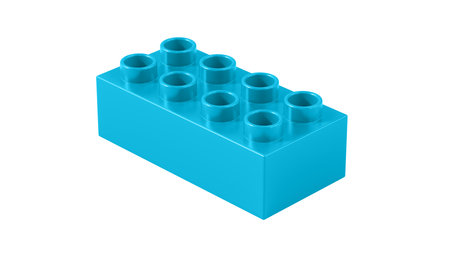 Cyan Blue Plastic Toy Block Isolated on a White Background. Children Toy Brick, Perspective View. Close Up View of a Game Block for Constructors. 3D illustration.の写真素材