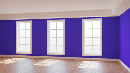 Empty Violet Interior with Three Large Windows, Light Glossy Herringbone Parquet Floor and a white Plinth. Beautiful Concept of the Empty Room. 3D Renderingの写真素材