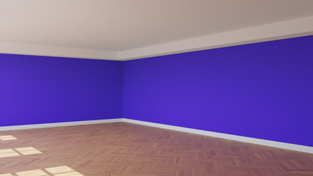 Corner of the Sunny Room with Violet Walls, a White Ceiling and Cornice, Glossy Herringbone Parquet Floor, and a White Plinth. Unfurnished Interior Concept. 3D Renderingの写真素材