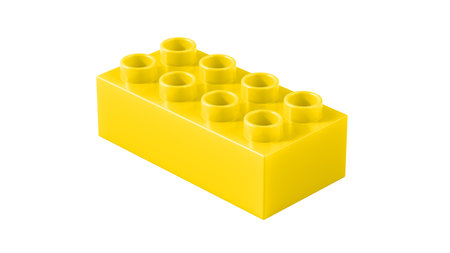 Gold Plastic Toy Block Isolated on a White Background. Children Toy Brick, Perspective View. Close Up View of a Game Block for Constructors. 3D illustration.の写真素材