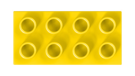 Gold Toy Block Isolated on a White Background. Close Up View of a Plastic Children Game Brick for Constructors, Top View. High Quality 3D Rendering with a Work Path.の写真素材
