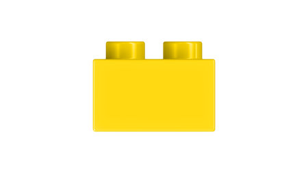 Gold Green Toy Block Isolated on a White Background. Close Up View of a Plastic Children Game Brick for Constructors, Side View. High Quality 3D Rendering with a Work Path.の写真素材