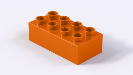 Burnt Orange Plastic Toy Block on a White Background. Children Toy Brick, Perspective View. Close Up View of a Game Block for Constructors. 3D Rendering.の写真素材