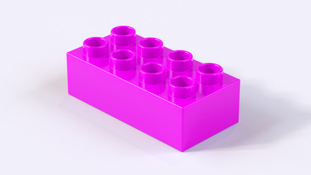 Magenta Plastic Toy Block on a White Background. Children Toy Brick, Perspective View. Close Up View of a Game Block for Constructors. 3D rendering.の写真素材