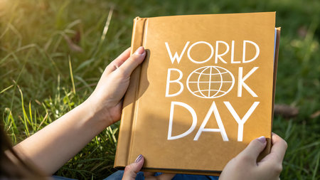 World Book Day concept. Woman reading a book in the park.の素材