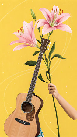 guitar and lily flowers on a yellow background, illustrationの素材