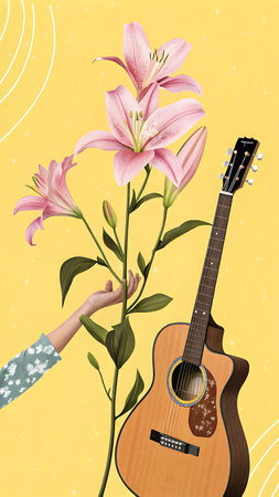 guitar and lily flower in retro style, vector illustrationの素材