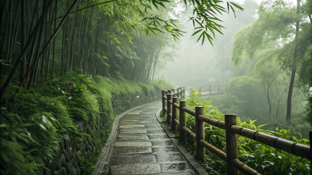 Bamboo forest path in the morning mist. Bamboo forest in the morning.の素材