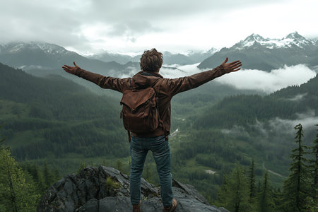 Hiker on top of a mountain with his arms outstretched.の素材