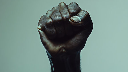 Close up shot of a black man's hand with clenched fist.の素材