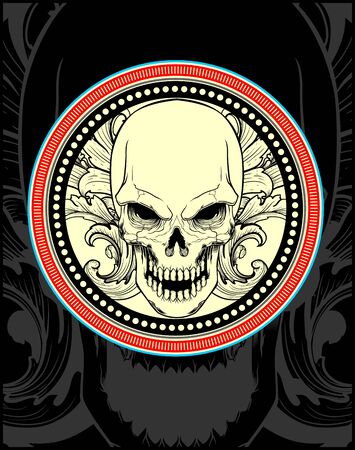 skull with ornament.vector hand drawing,Shirt designs, biker, disk jockey, gentleman, barber and many others.isolated and easy to edit. Vector Illustration - Vectorのイラスト素材