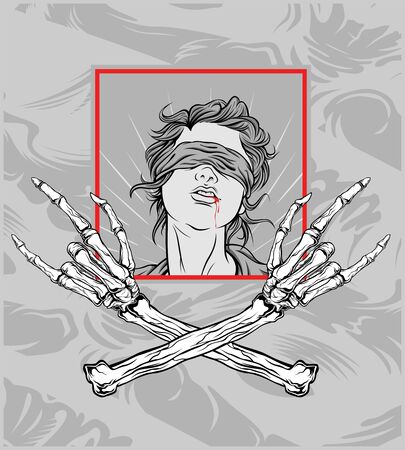 gril with hand skull metal.hand drawing,Shirt designs, biker, disk jockey, gentleman, barber and many others.isolated and easy to edit. Vector Illustration - Vectorのイラスト素材